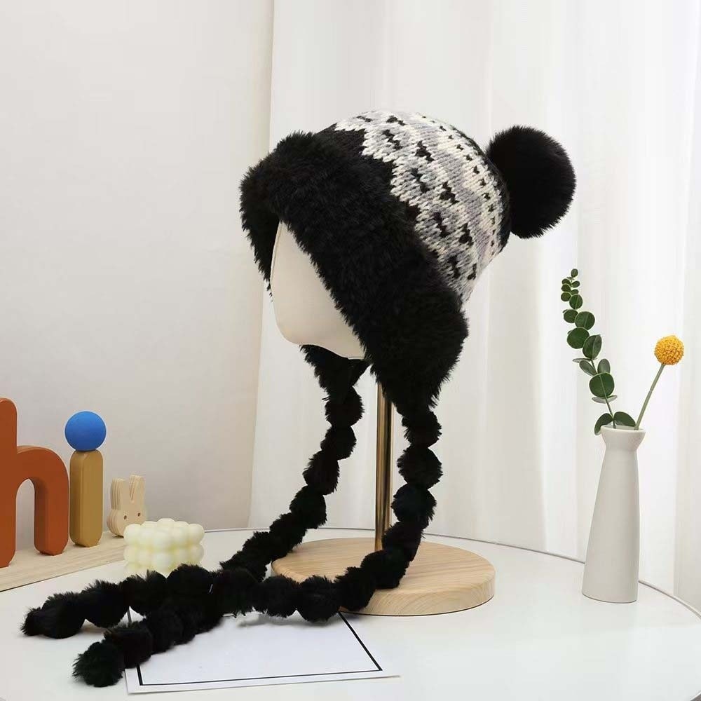 Winter Trapper Hat - Fleece Lined Pompom Braids Hat Striped