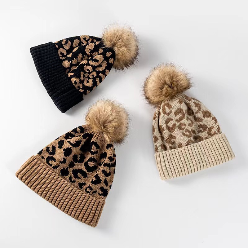 Womens Leopard Print Knit Bean - Beanie Cuffed Knit ulasan dan harga
